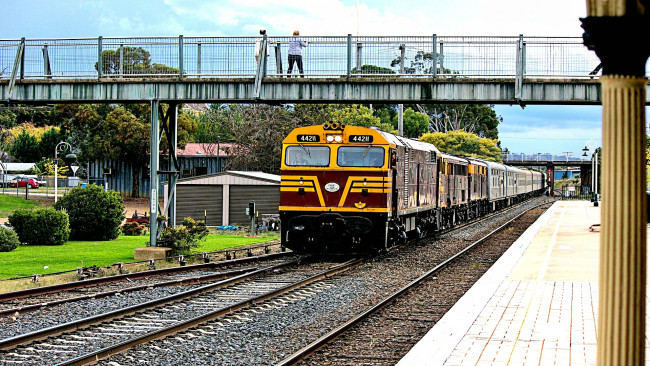 Обои картинки фото техника, поезда, состав, рельсы, железная, дорога, пути, мост, локомотив