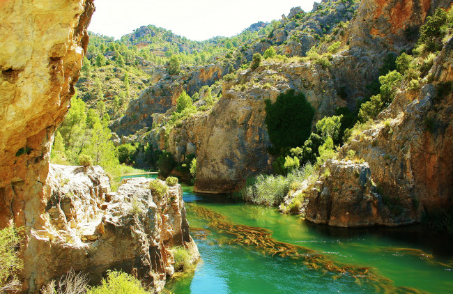 Обои картинки фото испания, куэнка, природа, реки, озера, деревья, река, скала