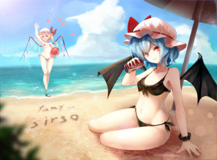 Картинка аниме touhou пляж напиток море грудь бикини жест радость взгляд remilia scarlet flandre девушки fami art
