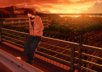 Картинка аниме -headphones+&+instrumental облака закат наушники мужчина небо здания kuronokuro улица город сетка забор