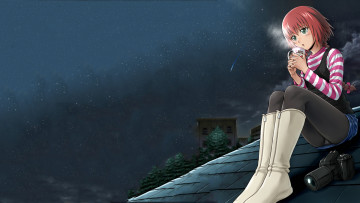 Картинка аниме darker+than+black suou pavlichenko девушка небо звезды крыша здания фотоаппарат кружка деревья