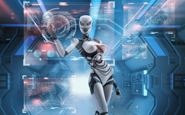 Картинка 3д+графика _science+fiction девушка схемы робот андроид карты