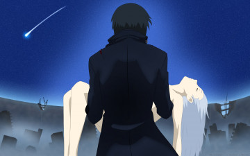 Картинка аниме darker+than+black yin hei мужчина девушка стена небо звезды здания руины