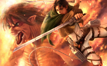 Картинка аниме shingeki+no+kyojin титан levi огонь мечи прыжок воин attack on titan
