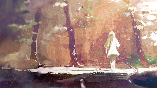 Обои картинки фото аниме, *unknown , другое, деревья, природа, дорога, девушка, loundraw