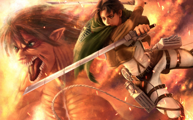 Обои картинки фото аниме, shingeki no kyojin, титан, levi, огонь, мечи, прыжок, воин, attack, on, titan