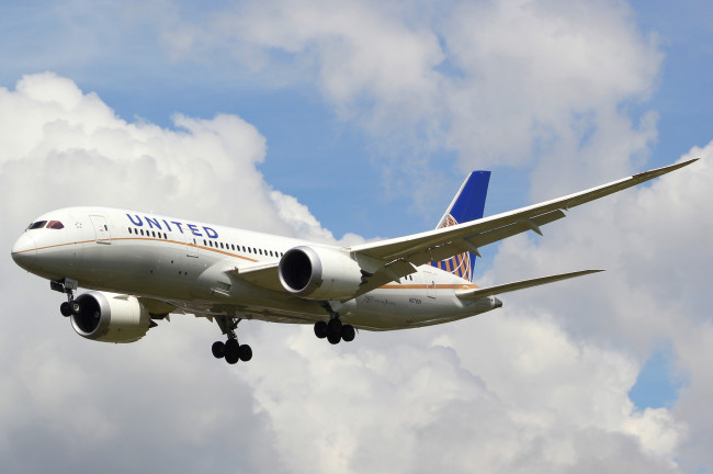 Обои картинки фото boeing 787 united, авиация, пассажирские самолёты, полет, небо, авиалайнер