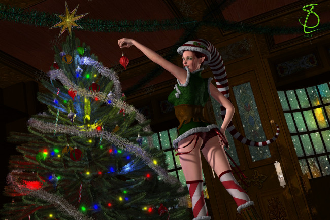 Обои картинки фото 3д графика, праздники , holidays, елка, украшения, девушка, взгляд