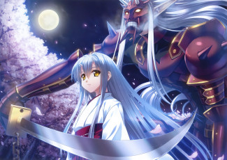Картинка аниме ангелы +демоны лепестки чудовище броня оружие сакура деревья небо tsukasa yuuki луна ночь цепь меч девушка арт