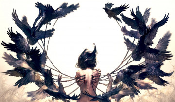 Картинка аниме ангелы +демоны ворон спина кровь wenqing yan арт цепи птицы крылья девушка