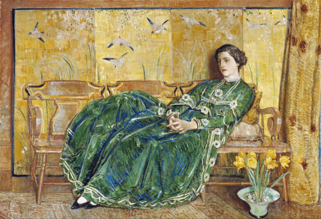 Обои картинки фото april the green gown, рисованное, frederick childe hassam, женщина, платье, шторы, панно, птицы, цветы, скамейка