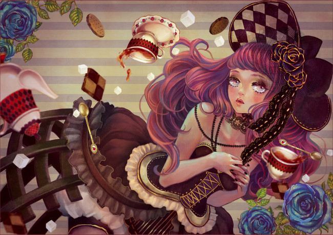 Обои картинки фото аниме, unknown,  другое, печенье, рт, синие, кружки, сахар, полосы, чай, розы, алиса, девушка, zihling