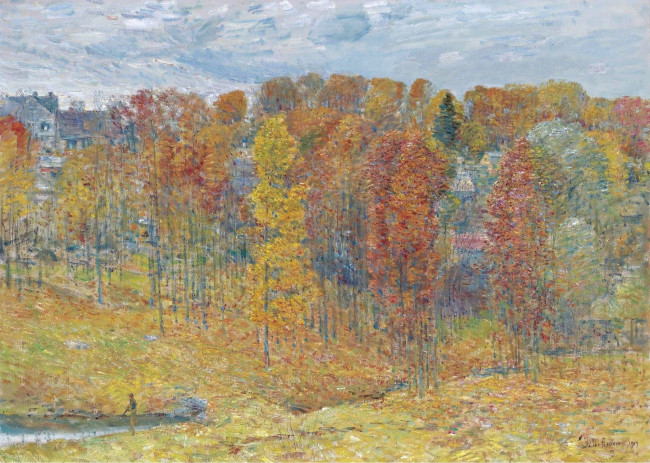 Обои картинки фото autumn, рисованное, frederick childe hassam, осень, небо, облака, деревья, лес, человек