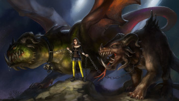 Картинка фэнтези красавицы+и+чудовища девушка монстры драконы цепи ночь