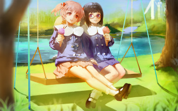 Картинка аниме mahou+shoujo+madoka+magika девушки взгляд фон