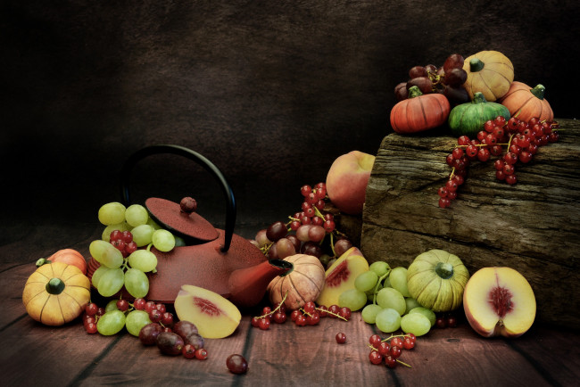 Обои картинки фото еда, фрукты,  ягоды, тыква, персик, виноград