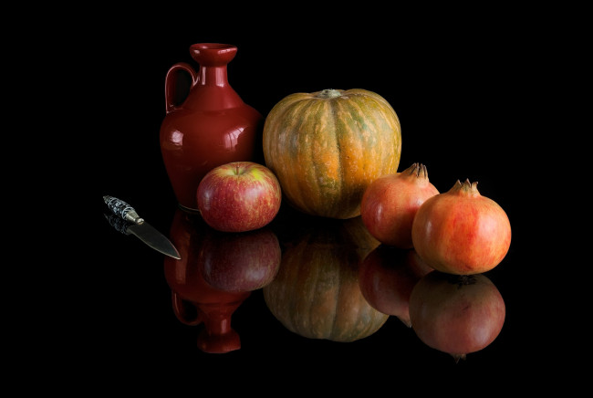 Обои картинки фото еда, натюрморт, фрукты, кувшин, тыква