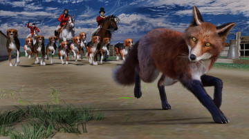 Картинка 3д+графика животные+ animals лиса охота собаки