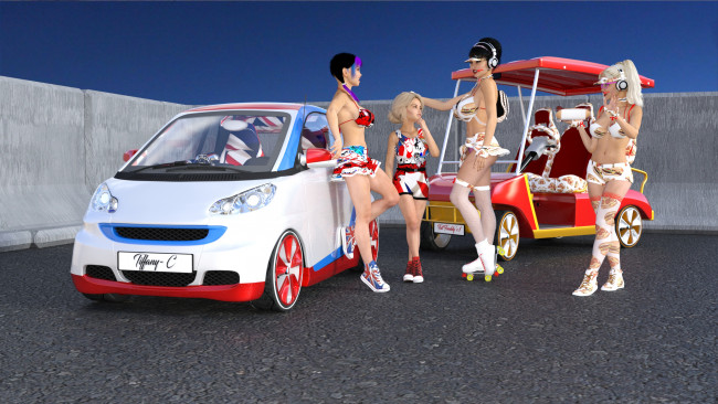 Обои картинки фото 3д графика, люди-авто, мото , people- car ,  moto, взгляд, фон, девушки, автомобиль