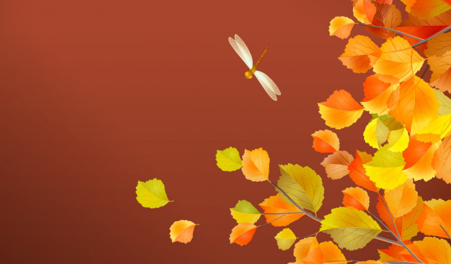 Обои картинки фото векторная графика, природа , nature, осень, стрекоза, листья
