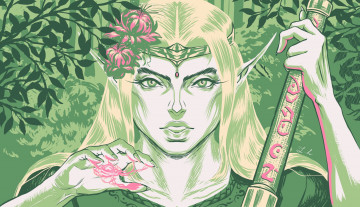 Картинка фэнтези эльфы девушка лицо уши посох магия лес
