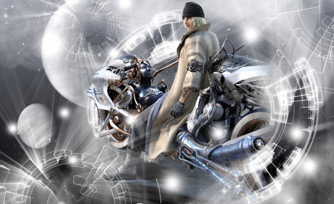 Обои картинки фото видео игры, final fantasy xiii, парень, мотоцикл, сферы