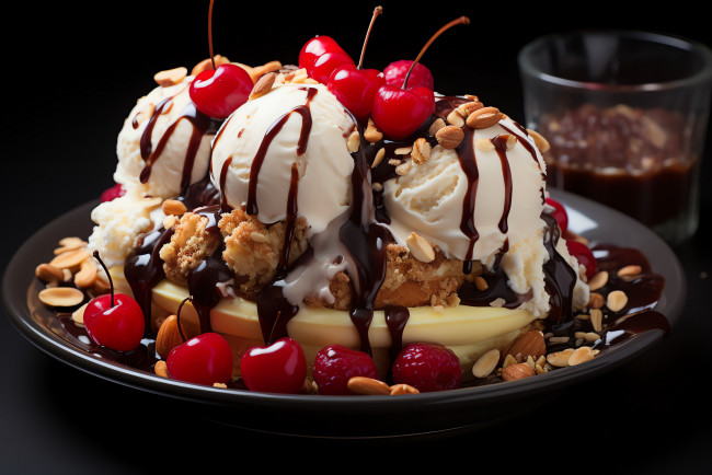 Обои картинки фото еда, мороженое,  десерты, вишни, сироп, орехи