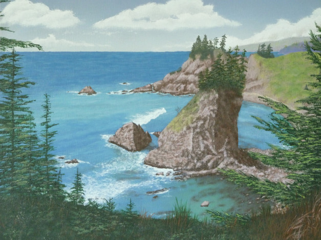 Обои картинки фото рисованные, природа, облака, деревья, море