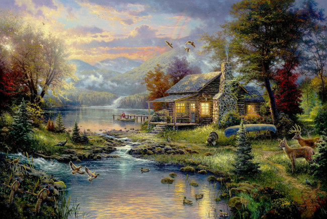 Обои картинки фото thomas, kinkade, рисованные, пейзаж, деревья, река, озеро, горы, утки, олени, дом