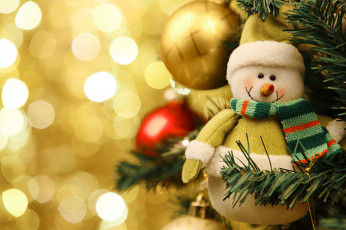 обоя праздничные, снеговики, боке, блики, шарики, снеговик