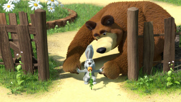 Картинка мультфильмы маша медведь кролик морьковка забор