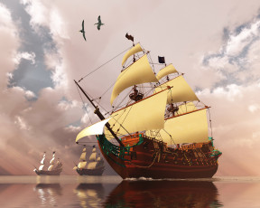 Картинка корабли 3d чайки море парусник