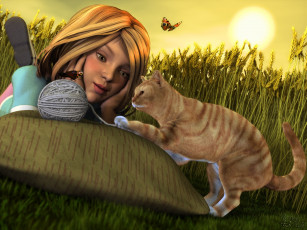 Картинка 3д+графика люди+ people лето бабочки клубок солнце рожь кот взгляд девушка