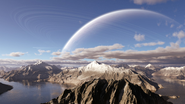 Обои картинки фото 3д графика, атмосфера, настроение , atmosphere ,  mood , облака, озеро, планета, горы