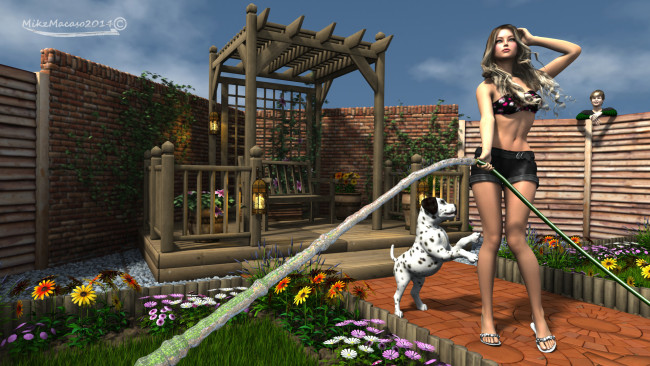 Обои картинки фото 3д графика, люди , people, собака, цветы, сад, забор, взгляд, девушка