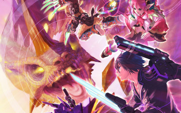 Картинка аниме животные +существа монстр арт уши дракон оружие девушки парни меч