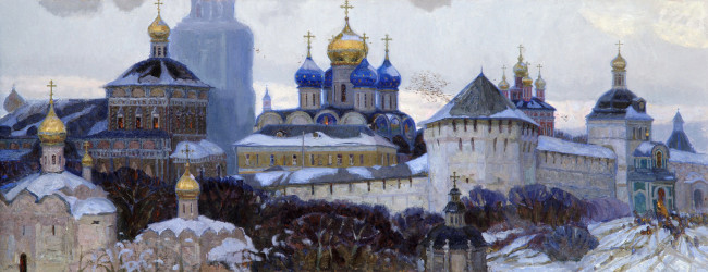 Обои картинки фото сергиев посад, рисованное, живопись, деревья, храмы, церкви, зима, снег, люди
