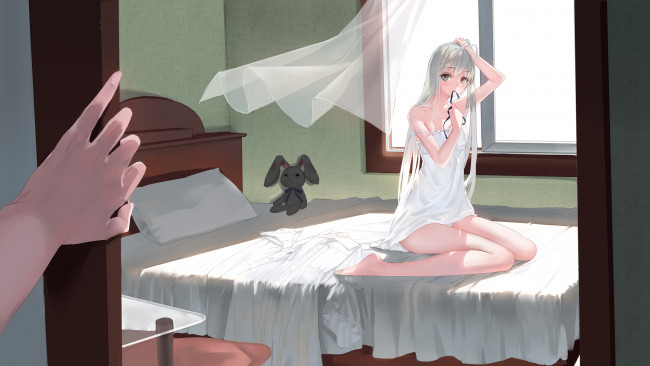 Обои картинки фото аниме, yosuga no sora, окно, кролик, тюль, постель, комната, девушка, рука, арт, kamachi, kamachi-ko, kasugano, sora, yosuga, no