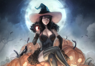 Картинка праздничные хэллоуин ведьма летучие мыши ночь эротика halloween луна тыквы арт праздник взгляд поза