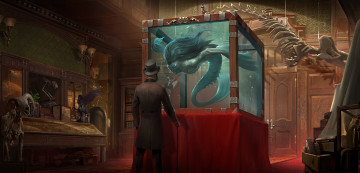 Картинка фэнтези существа мужчина трость скелеты аквариум двери музей существо человек шляпа арт экспонаты книги цилиндр