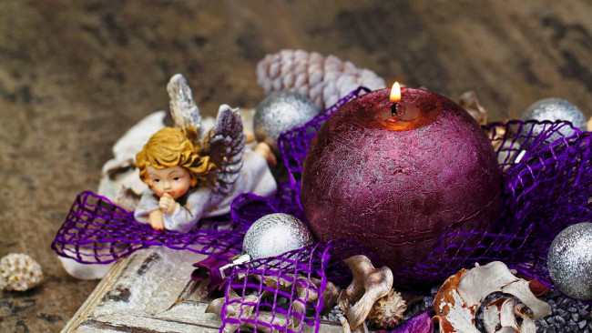 Обои картинки фото праздничные, новогодние свечи, сетка, шарики, шишки, свеча, ангел
