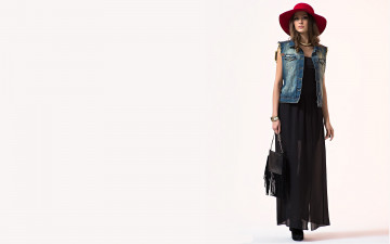 Картинка девушки -unsort+ брюнетки темноволосые модель сумка юбка шляпа жилет браслет