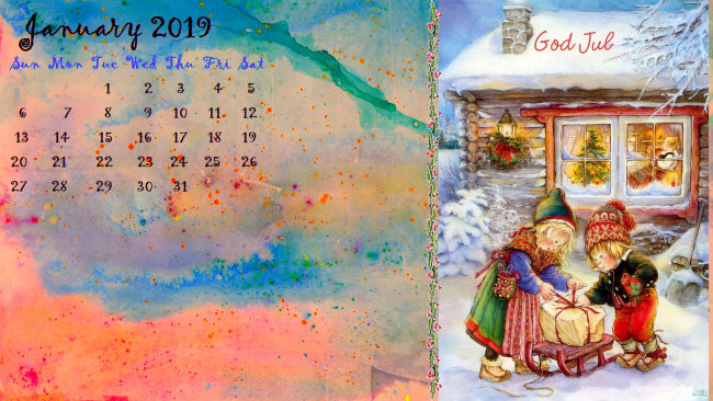 Обои картинки фото календари, праздники,  салюты, коробка, сани, снег, мальчик, девочка, ребенок, дом