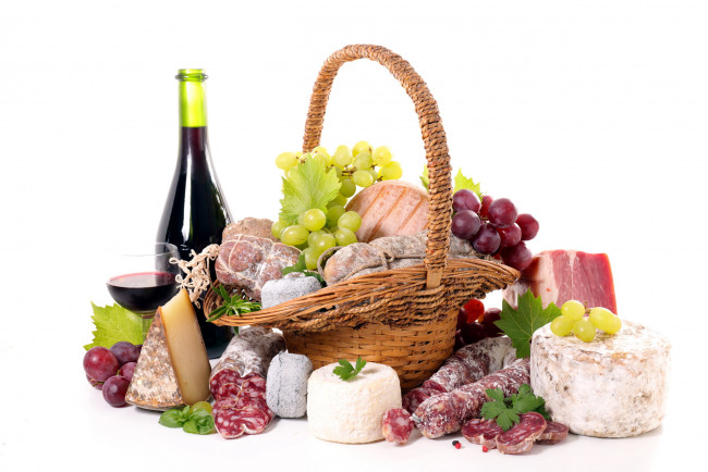 Обои картинки фото еда, разное, колбаса, сыр, виноград, вино