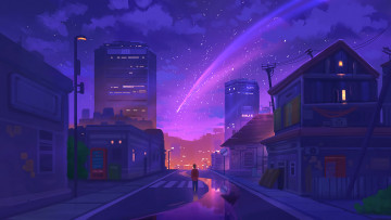 Картинка рисованное денис+истомин город человек звезды огни