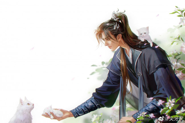 Обои картинки фото аниме, the husky and his white cat shizun, заклинатель, кошки, цветы