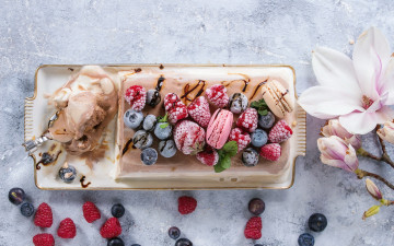 Картинка еда мороженое +десерты макаруны ягоды малина черника магнолия
