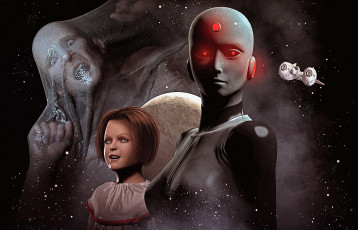 Картинка фэнтези роботы киборги механизмы робот звездолет девочка планета