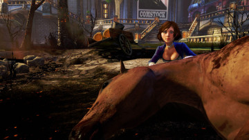 Картинка bioshock infinite видео игры девушка лошадь город