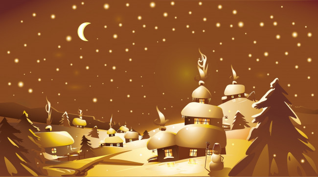 Обои картинки фото праздничные, векторная, графика, новый, год, домики, дымок, окна, ночь, звёзды, месяц, ёлки, снеговик, зима, снег, холмы